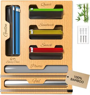 SavvyCase 6-in-1 Plastic Bag Organizer with 2 Sliding Cutters for Resealable Bags, Zipper Wraps, Aluminium Foil, Gallon, Quartz, Snacks, Sandwich | Organize Plastic Bags with Ease | 16.5" x 13" x 3.5"