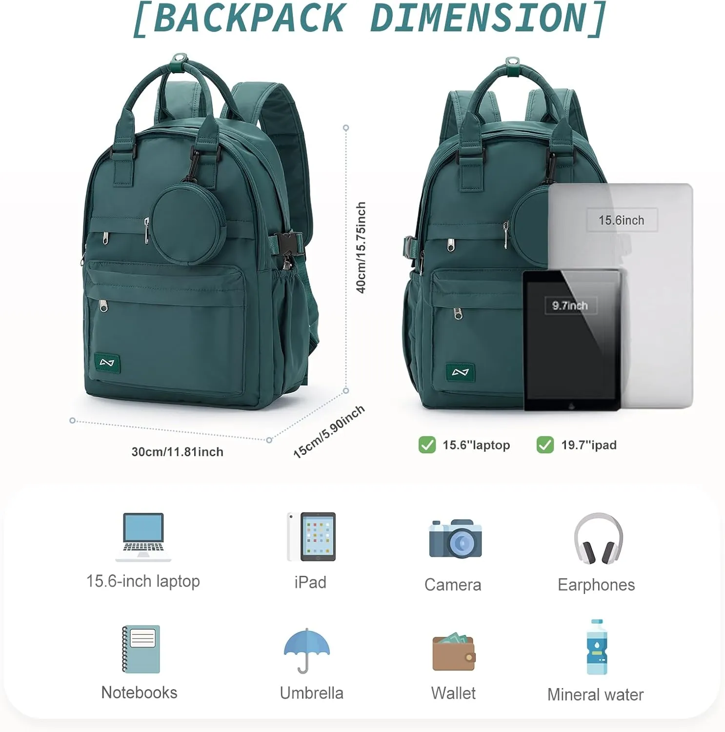 School Backpack for Girl Boys Cute Middle School Student Bookbag Waterproof College Aesthetic Backpack Work Laptop Backpack Rucksack Casual Travel Daypack Peacock Blue