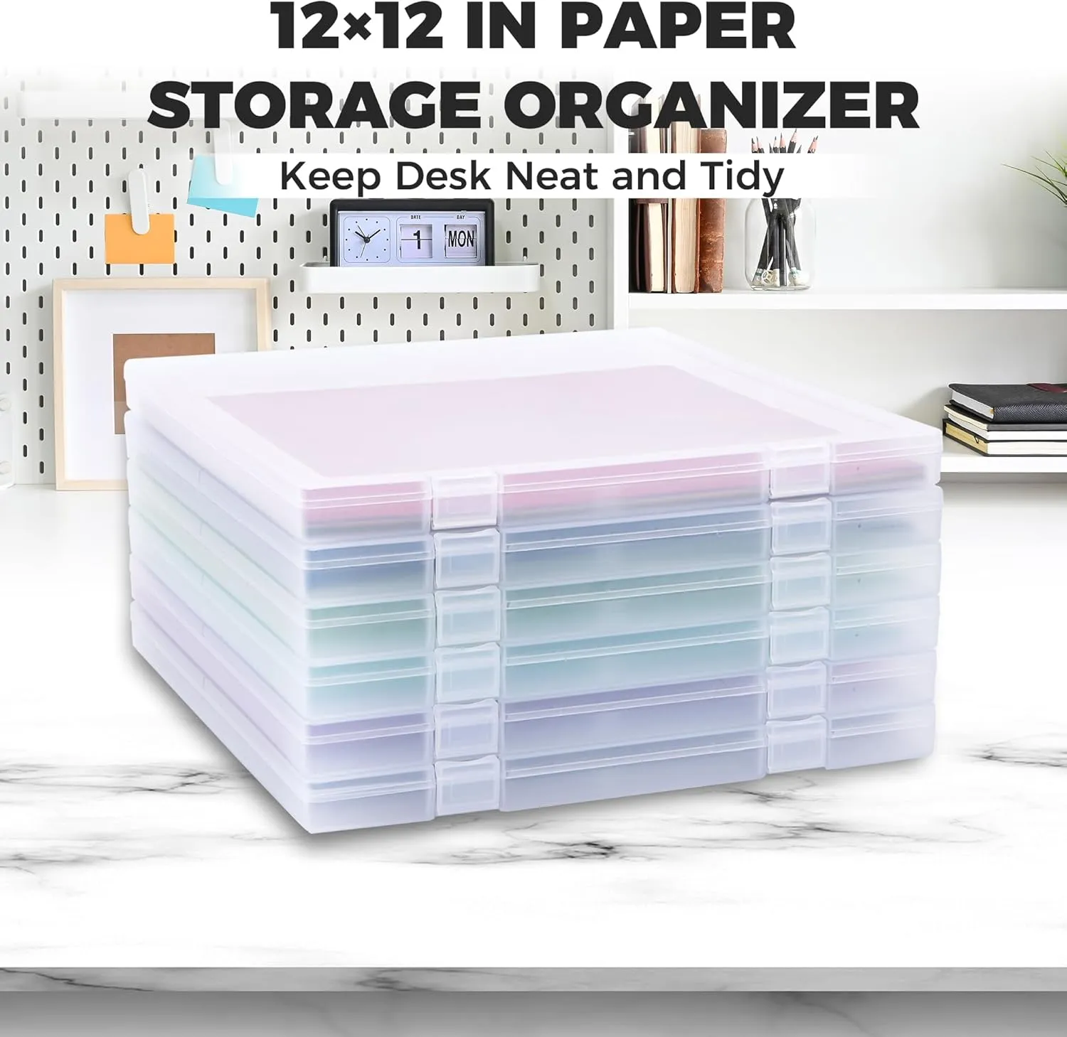 Scrapbook Paper Storage, 6 Pack Stackable Plastic File Storage Box Set, 12"x12"x1.1" Craft Organizer Storage, U-Shaped Locking Mechanism, Ideal for Office, Home, and School Document Organizer