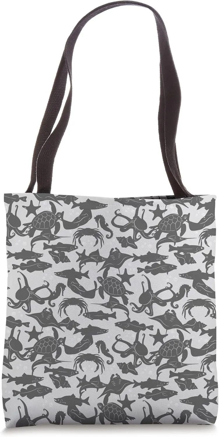 Sea Animal Octopus Shell Fish Turtle Marine Ocean Gray Men Tote Bag