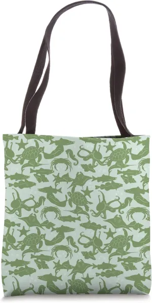 Sea Animal Octopus Shell Fish Turtle Marine Ocean Sage Green Tote Bag
