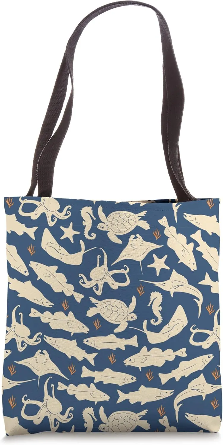 Sea Animal Octopus Shell Fish Turtle Marine Ocean Vintage Tote Bag