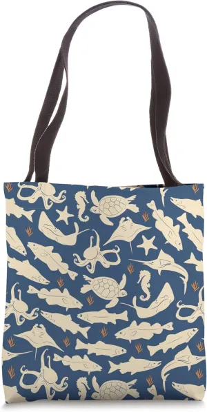 Sea Animal Octopus Shell Fish Turtle Marine Ocean Vintage Tote Bag