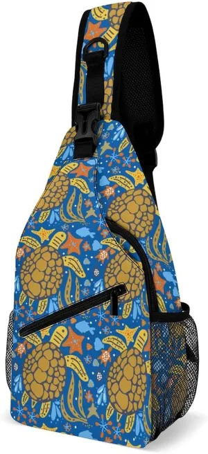 Sea-turtle-cartoon-print Crossbody Sling Bag for Women Men Travel Chest Bag, Cycling Shoulder Backpack