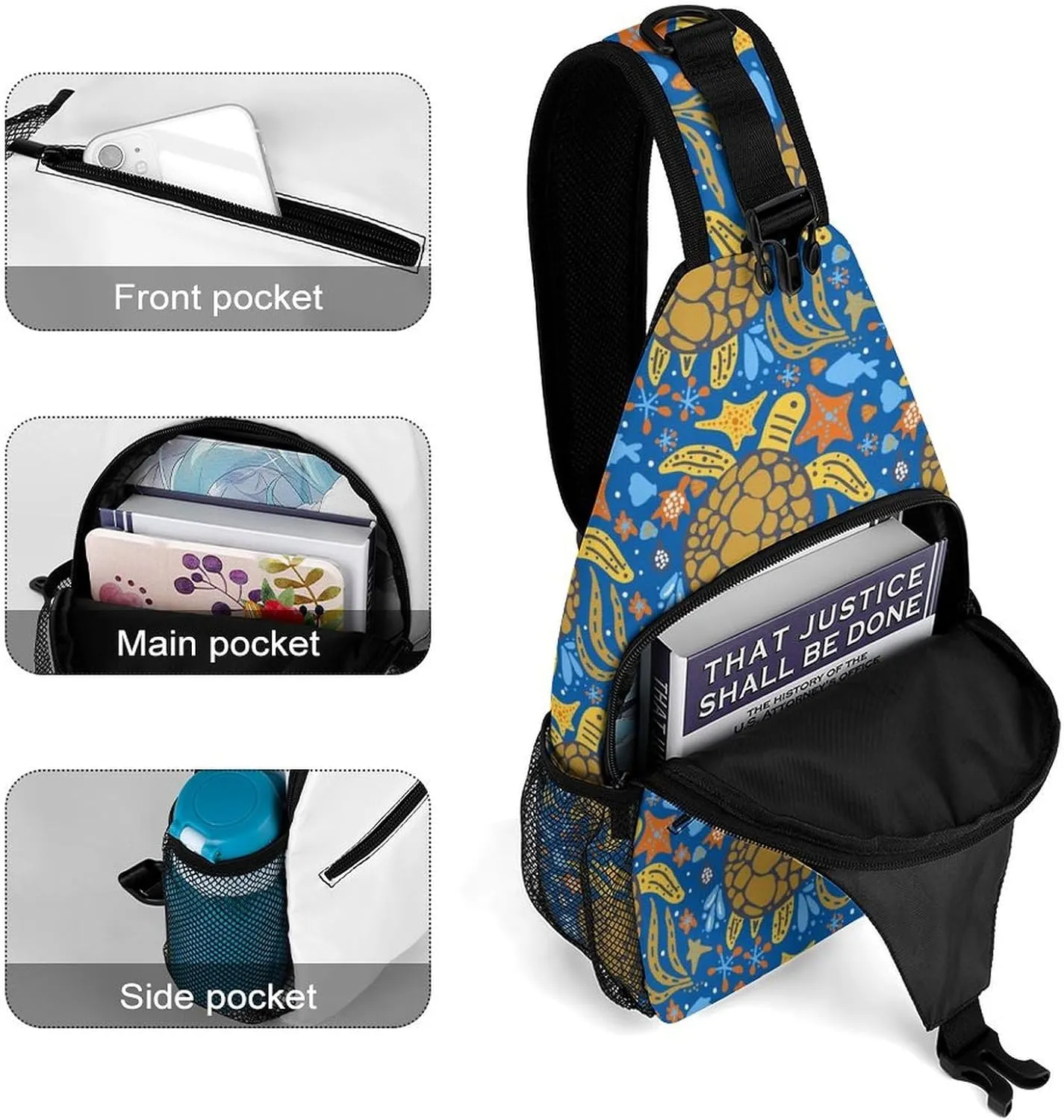 Sea-turtle-cartoon-print Crossbody Sling Bag for Women Men Travel Chest Bag, Cycling Shoulder Backpack