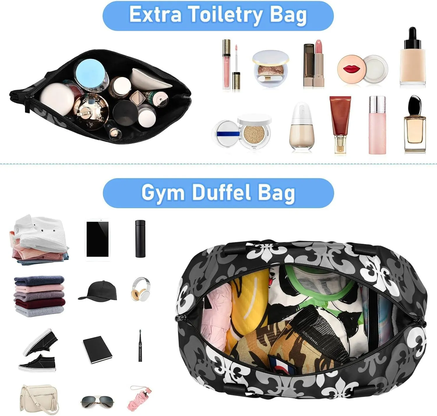 Seamless Black Grey Fleur De Lis Flowers on Black Dark Gym Duffel Bag, Polyester Travel Weekender Luggage Handbag with Waterproof Pocket for Wet Items, Unisex Foldable Tote for Sports