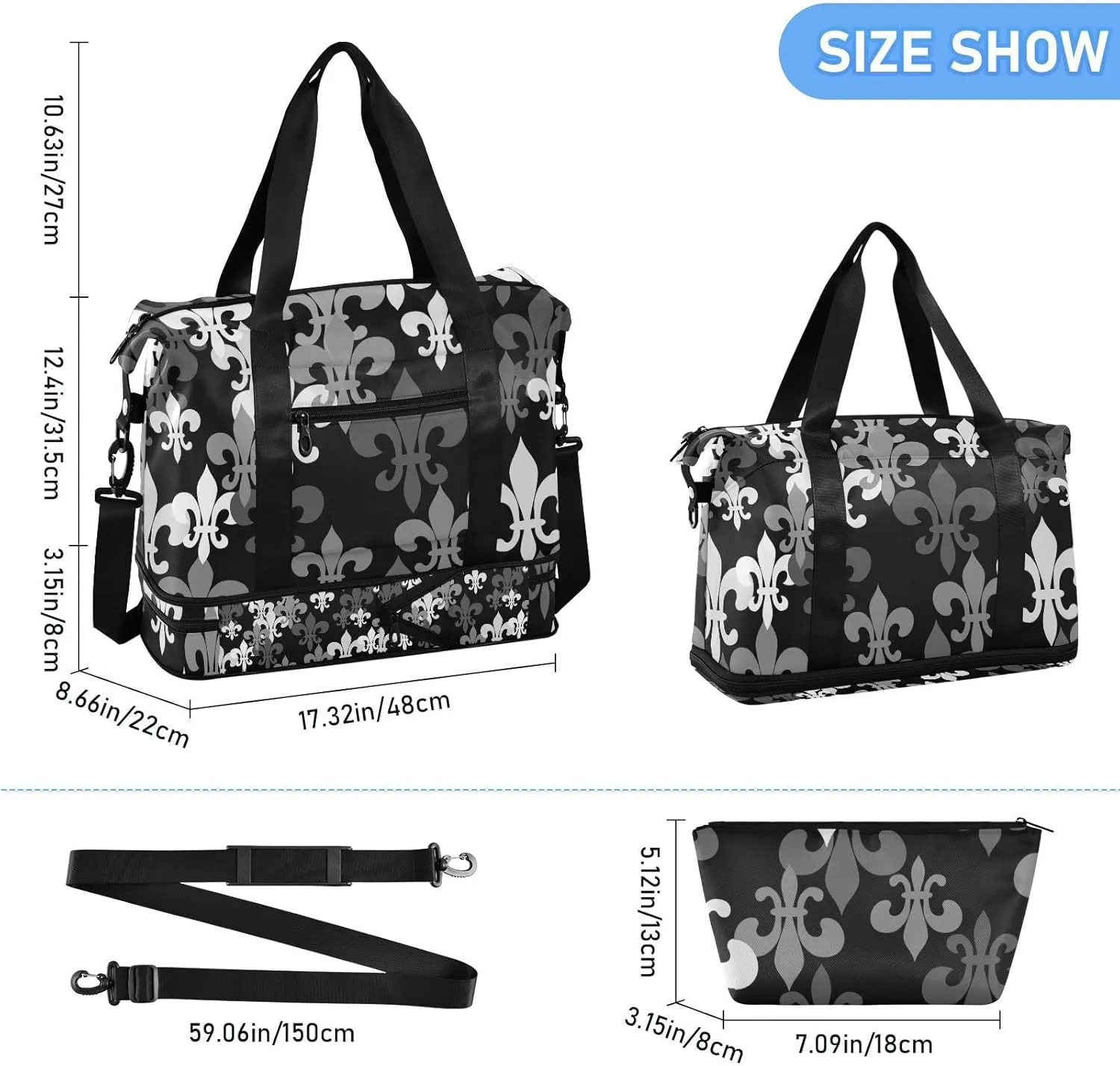 Seamless Black Grey Fleur De Lis Flowers on Black Dark Gym Duffel Bag, Polyester Travel Weekender Luggage Handbag with Waterproof Pocket for Wet Items, Unisex Foldable Tote for Sports