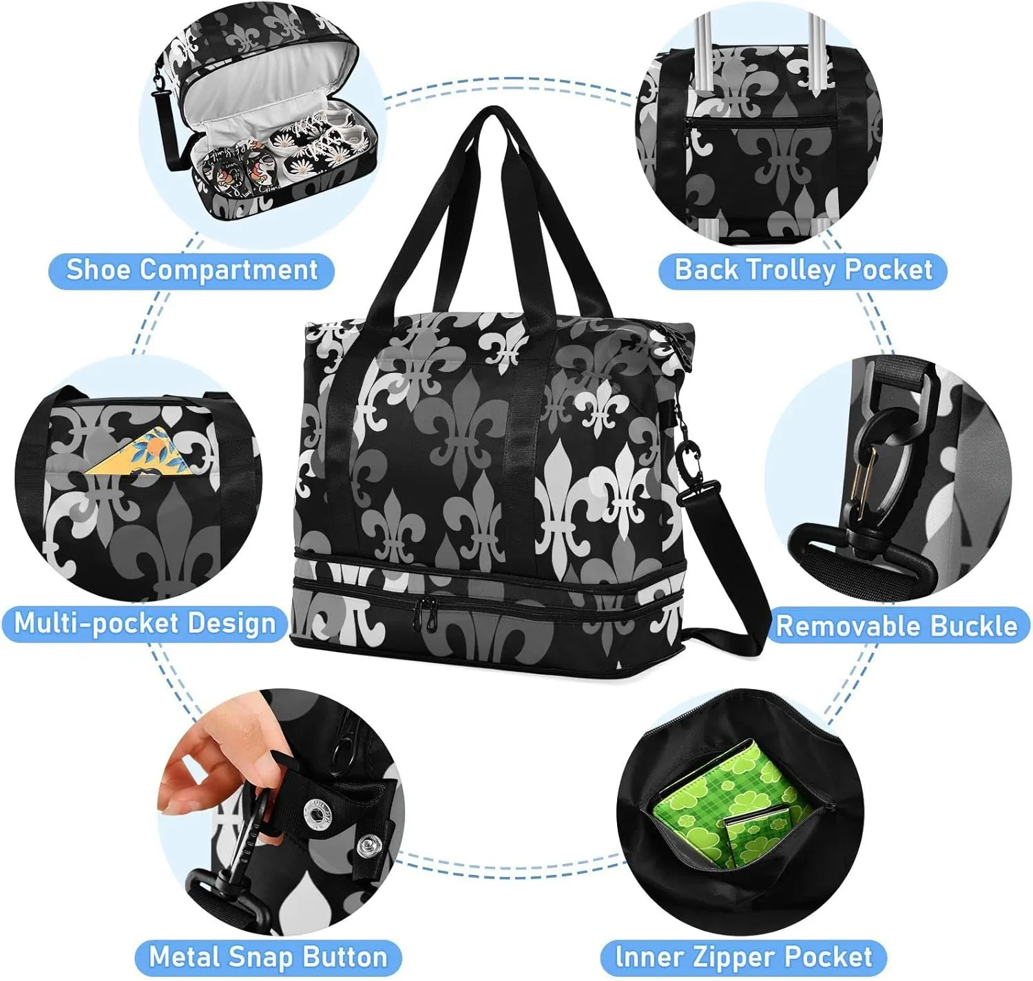 Seamless Black Grey Fleur De Lis Flowers on Black Dark Gym Duffel Bag, Polyester Travel Weekender Luggage Handbag with Waterproof Pocket for Wet Items, Unisex Foldable Tote for Sports
