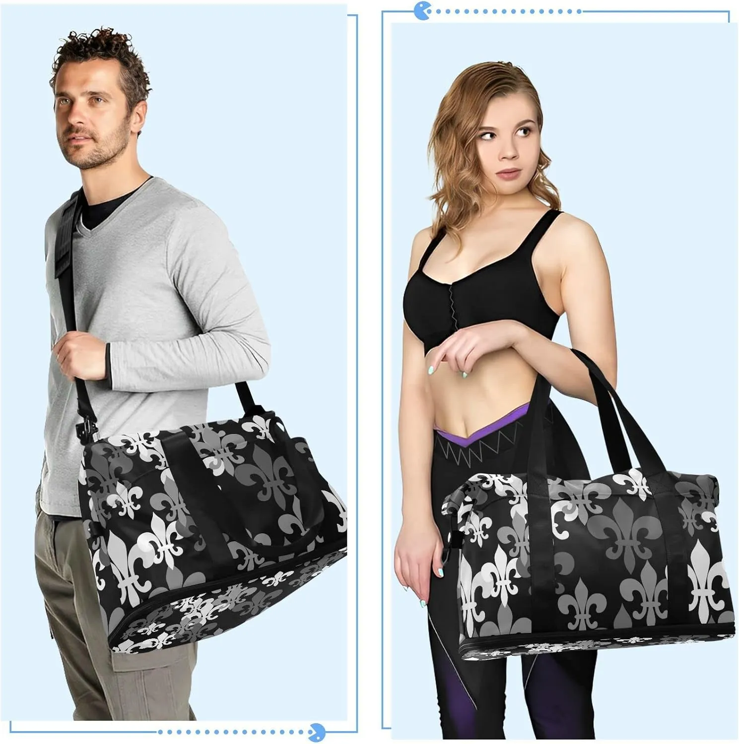 Seamless Black Grey Fleur De Lis Flowers on Black Dark Gym Duffel Bag, Polyester Travel Weekender Luggage Handbag with Waterproof Pocket for Wet Items, Unisex Foldable Tote for Sports