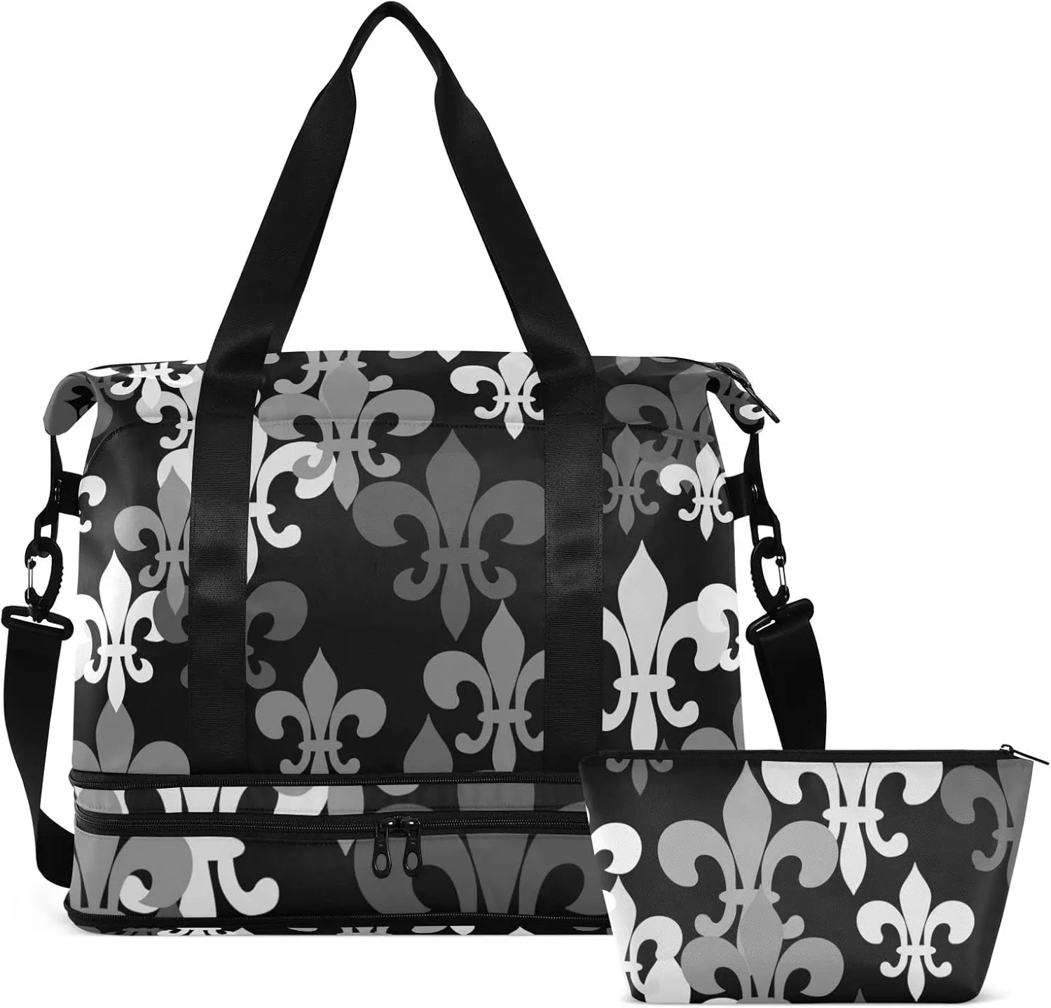 Seamless Black Grey Fleur De Lis Flowers on Black Dark Gym Duffel Bag, Polyester Travel Weekender Luggage Handbag with Waterproof Pocket for Wet Items, Unisex Foldable Tote for Sports