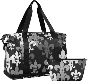 Seamless Black Grey Fleur De Lis Flowers on Black Dark Gym Duffel Bag, Polyester Travel Weekender Luggage Handbag with Waterproof Pocket for Wet Items, Unisex Foldable Tote for Sports