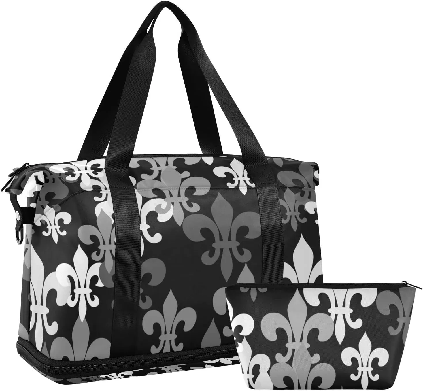 Seamless Black Grey Fleur De Lis Flowers on Black Dark Gym Duffel Bag, Polyester Travel Weekender Luggage Handbag with Waterproof Pocket for Wet Items, Unisex Foldable Tote for Sports