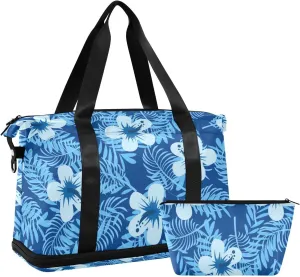 Seamless Blue Tropical Summer Floral Flowers Leaves on Dark Blue Gym Duffel Bag, Polyester Travel Weekender Luggage Handbag with Waterproof Pocket for Wet Items, Unisex Foldable Tote for Sports