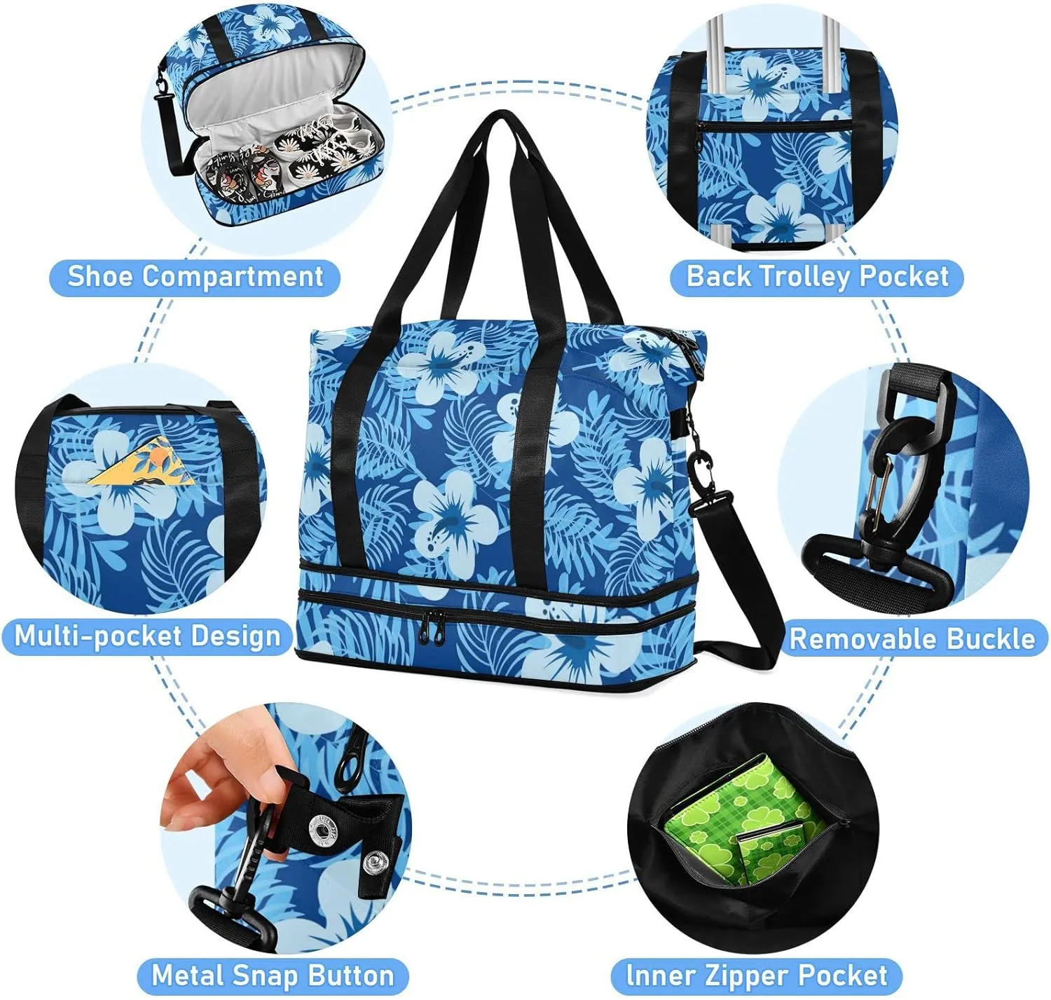 Seamless Blue Tropical Summer Floral Flowers Leaves on Dark Blue Gym Duffel Bag, Polyester Travel Weekender Luggage Handbag with Waterproof Pocket for Wet Items, Unisex Foldable Tote for Sports