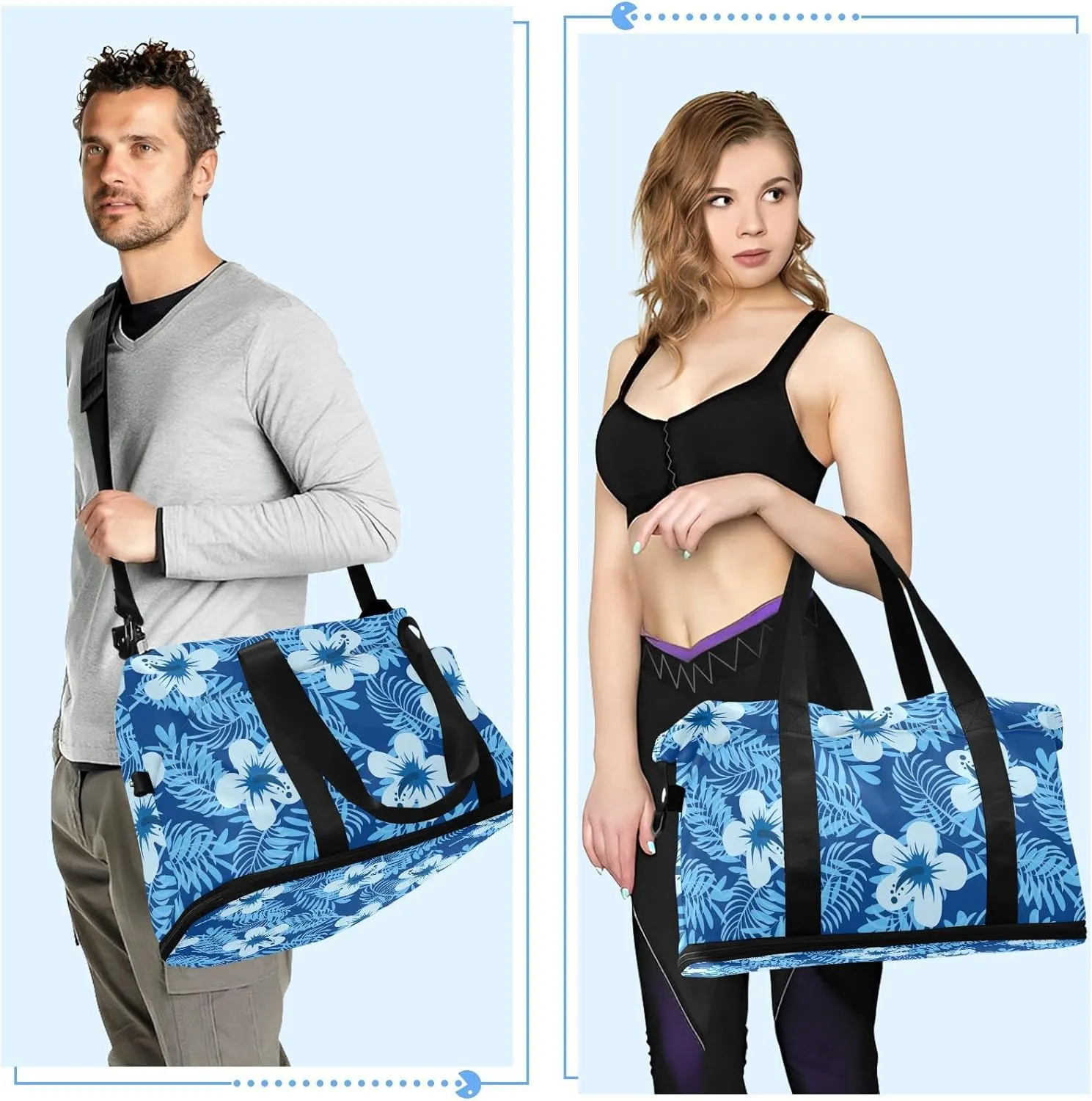 Seamless Blue Tropical Summer Floral Flowers Leaves on Dark Blue Gym Duffel Bag, Polyester Travel Weekender Luggage Handbag with Waterproof Pocket for Wet Items, Unisex Foldable Tote for Sports
