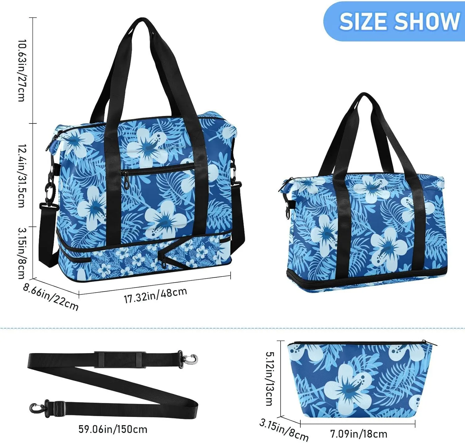 Seamless Blue Tropical Summer Floral Flowers Leaves on Dark Blue Gym Duffel Bag, Polyester Travel Weekender Luggage Handbag with Waterproof Pocket for Wet Items, Unisex Foldable Tote for Sports