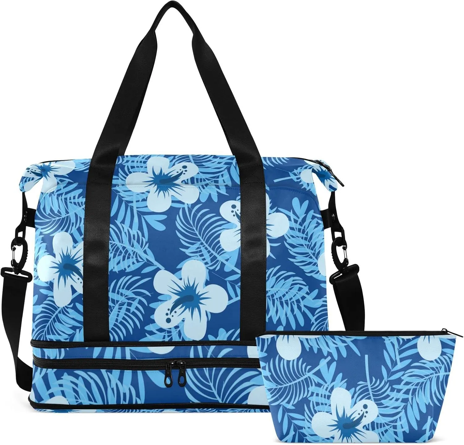 Seamless Blue Tropical Summer Floral Flowers Leaves on Dark Blue Gym Duffel Bag, Polyester Travel Weekender Luggage Handbag with Waterproof Pocket for Wet Items, Unisex Foldable Tote for Sports