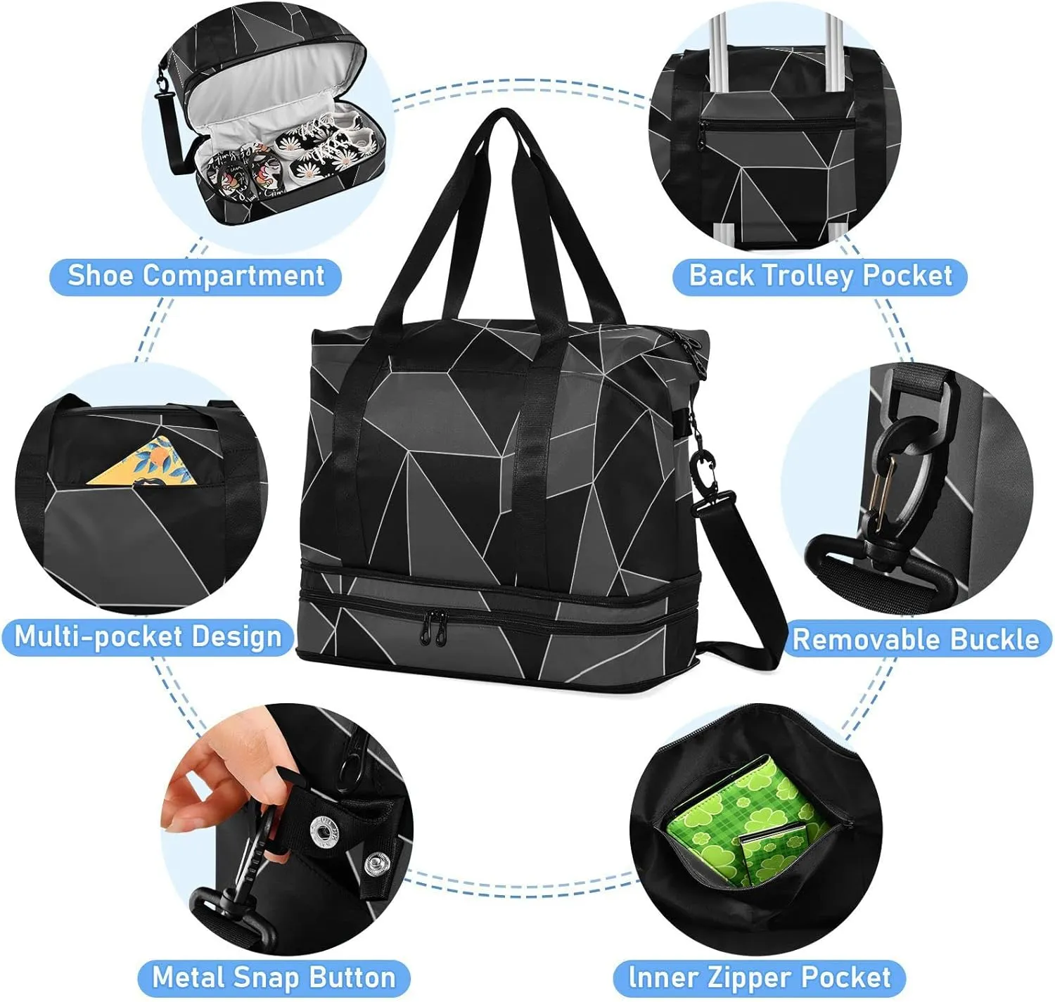 Seamless Emerald Geometric Black Dark Grey Crystal Polygonal Gym Duffel Bag, Polyester Travel Weekender Luggage Handbag with Waterproof Pocket for Wet Items, Unisex Foldable Tote for Sports