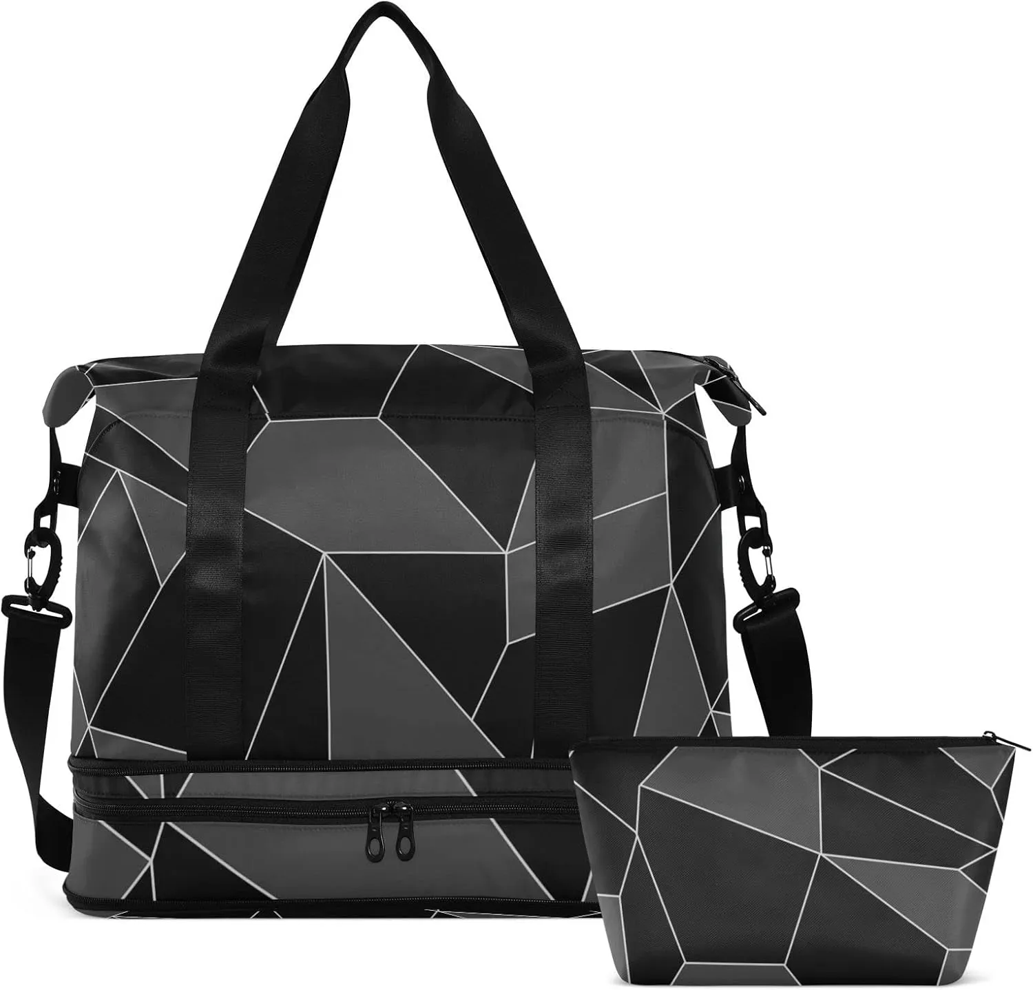 Seamless Emerald Geometric Black Dark Grey Crystal Polygonal Gym Duffel Bag, Polyester Travel Weekender Luggage Handbag with Waterproof Pocket for Wet Items, Unisex Foldable Tote for Sports
