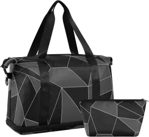 Seamless Emerald Geometric Black Dark Grey Crystal Polygonal Gym Duffel Bag, Polyester Travel Weekender Luggage Handbag with Waterproof Pocket for Wet Items, Unisex Foldable Tote for Sports