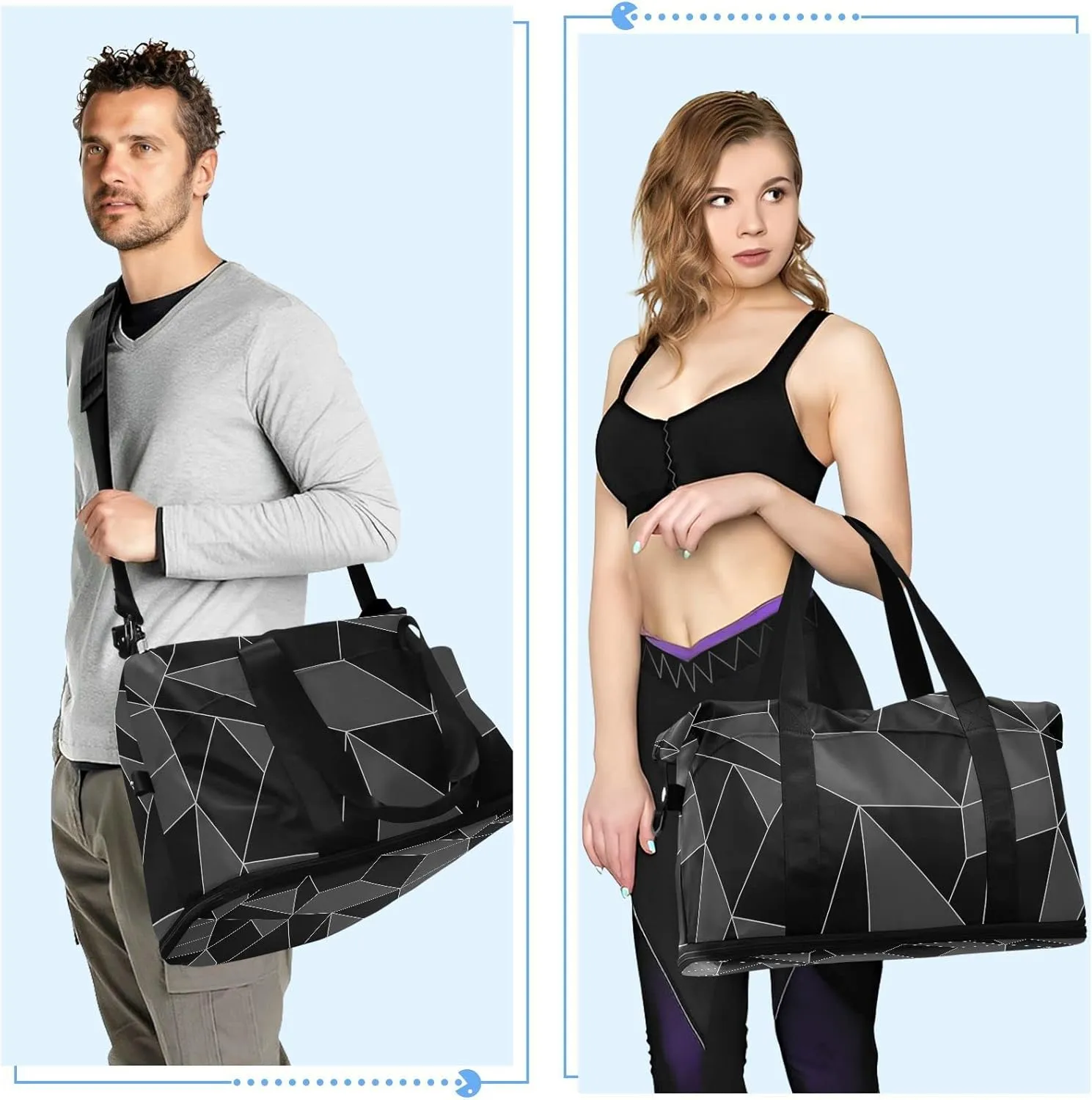 Seamless Emerald Geometric Black Dark Grey Crystal Polygonal Gym Duffel Bag, Polyester Travel Weekender Luggage Handbag with Waterproof Pocket for Wet Items, Unisex Foldable Tote for Sports