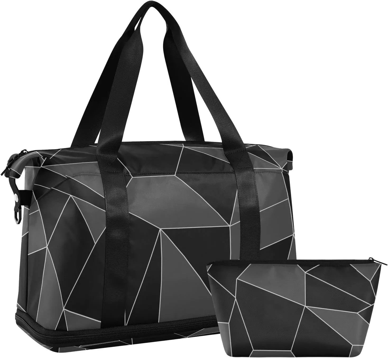 Seamless Emerald Geometric Black Dark Grey Crystal Polygonal Gym Duffel Bag, Polyester Travel Weekender Luggage Handbag with Waterproof Pocket for Wet Items, Unisex Foldable Tote for Sports