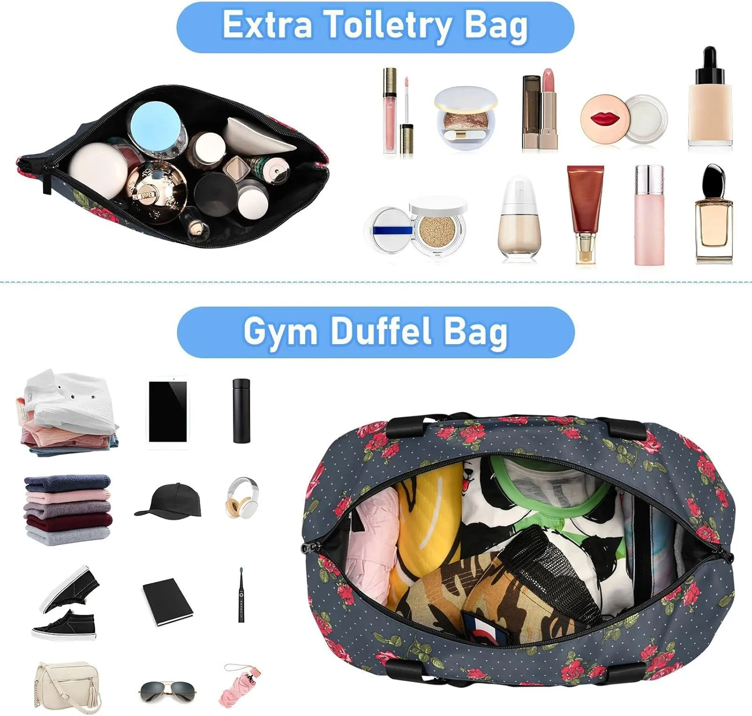 Seamless Red Rose Flowers with Green Leaves Dots on Dark Gym Duffel Bag, Polyester Travel Weekender Luggage Handbag with Waterproof Pocket for Wet Items, Unisex Foldable Tote for Sports