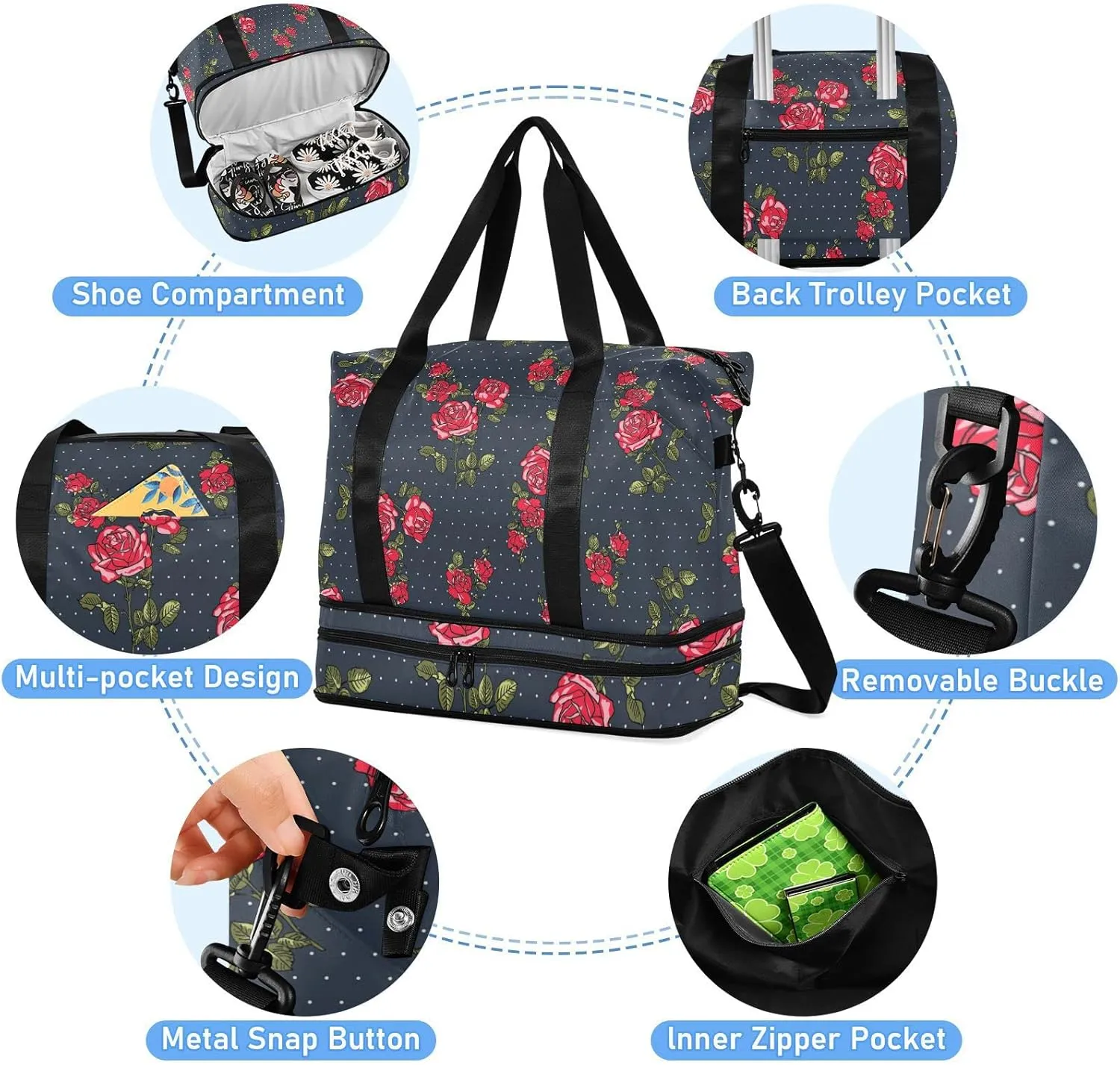 Seamless Red Rose Flowers with Green Leaves Dots on Dark Gym Duffel Bag, Polyester Travel Weekender Luggage Handbag with Waterproof Pocket for Wet Items, Unisex Foldable Tote for Sports