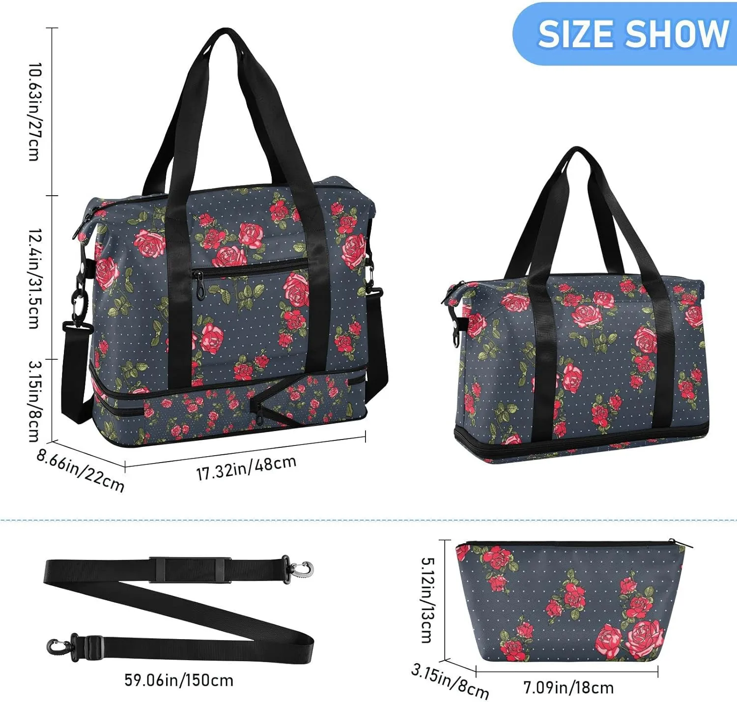 Seamless Red Rose Flowers with Green Leaves Dots on Dark Gym Duffel Bag, Polyester Travel Weekender Luggage Handbag with Waterproof Pocket for Wet Items, Unisex Foldable Tote for Sports