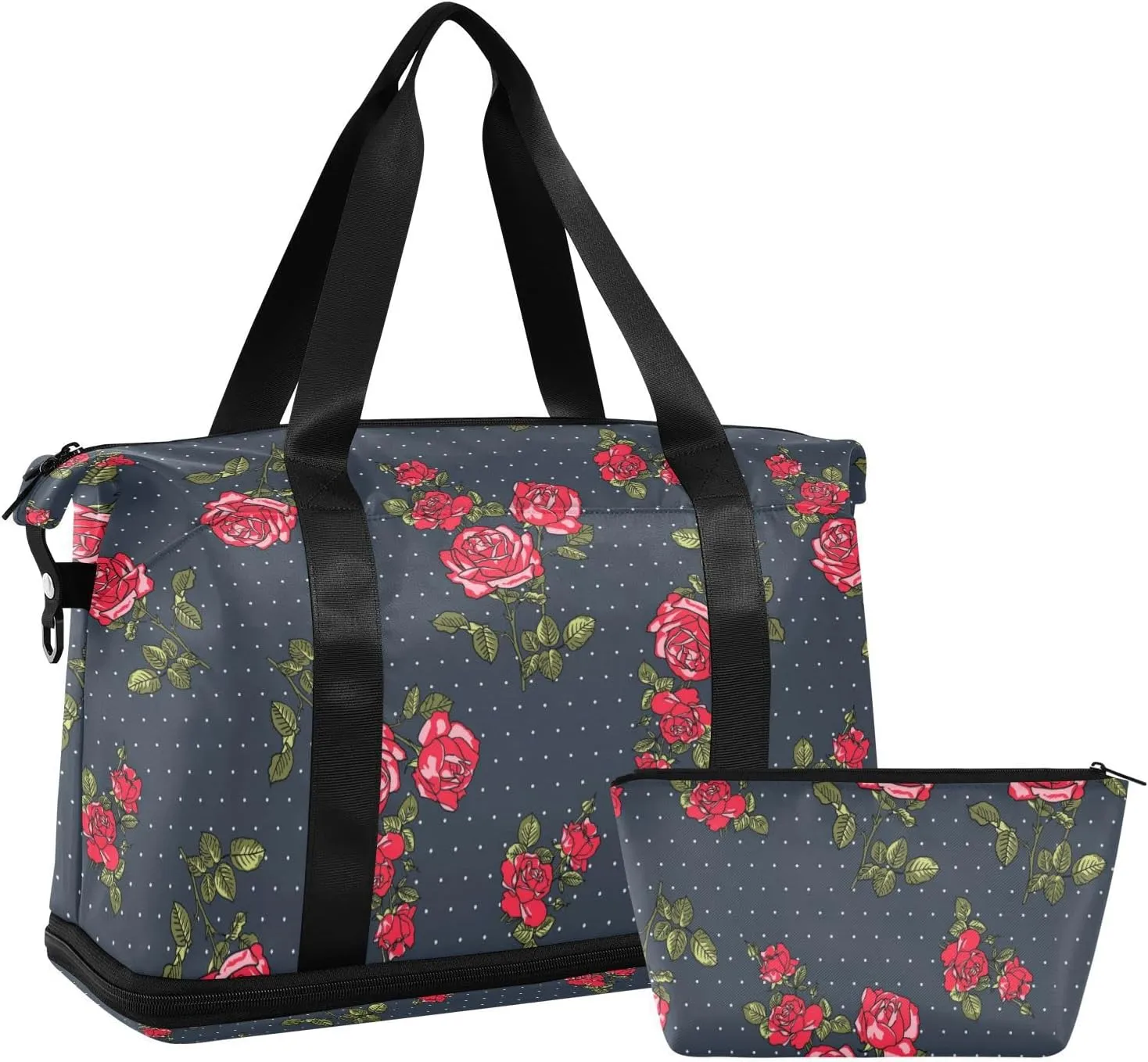 Seamless Red Rose Flowers with Green Leaves Dots on Dark Gym Duffel Bag, Polyester Travel Weekender Luggage Handbag with Waterproof Pocket for Wet Items, Unisex Foldable Tote for Sports