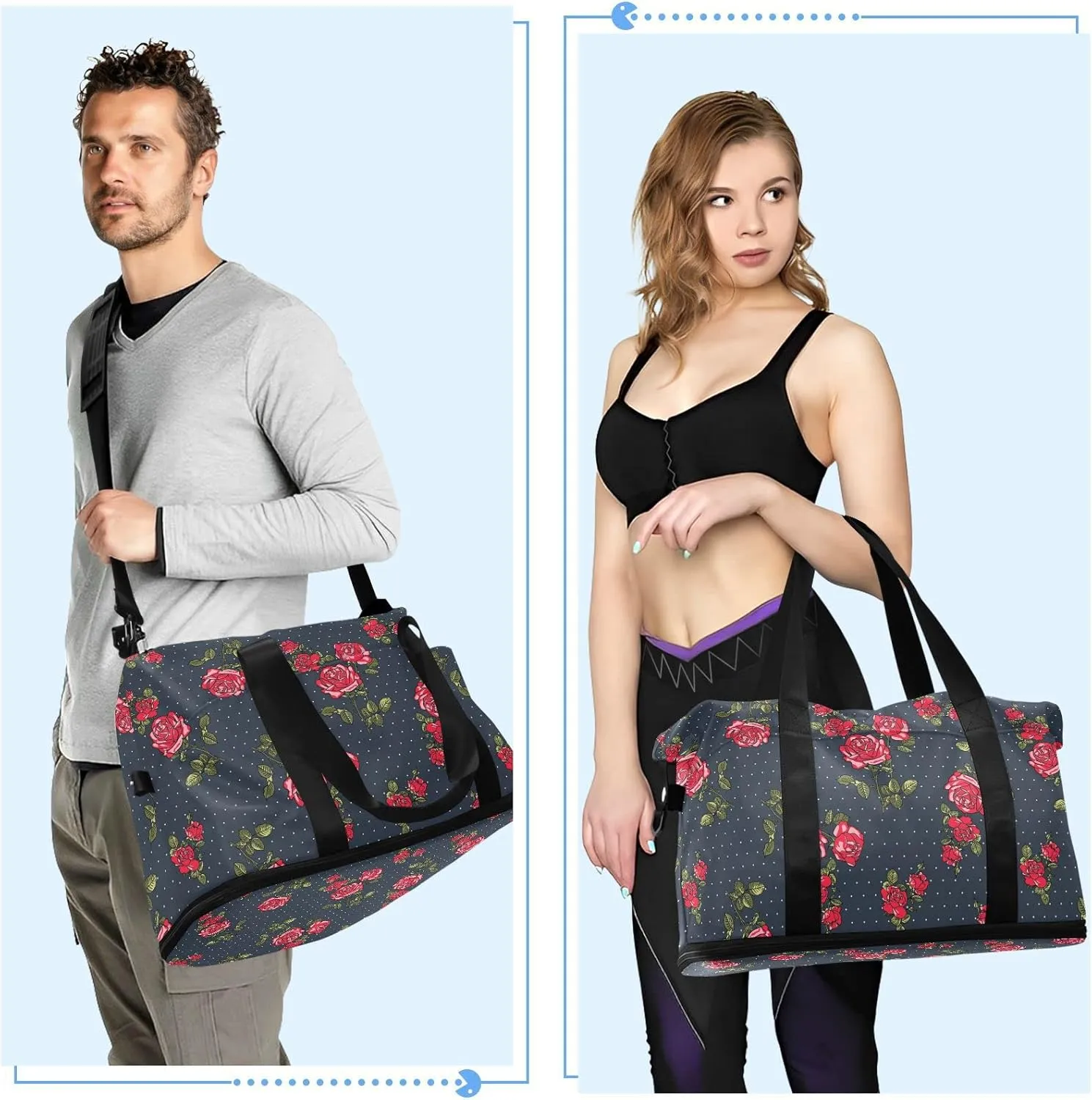 Seamless Red Rose Flowers with Green Leaves Dots on Dark Gym Duffel Bag, Polyester Travel Weekender Luggage Handbag with Waterproof Pocket for Wet Items, Unisex Foldable Tote for Sports