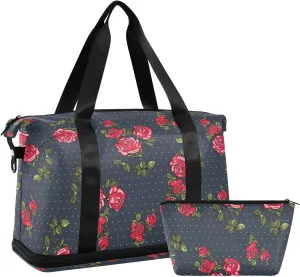 Seamless Red Rose Flowers with Green Leaves Dots on Dark Gym Duffel Bag, Polyester Travel Weekender Luggage Handbag with Waterproof Pocket for Wet Items, Unisex Foldable Tote for Sports