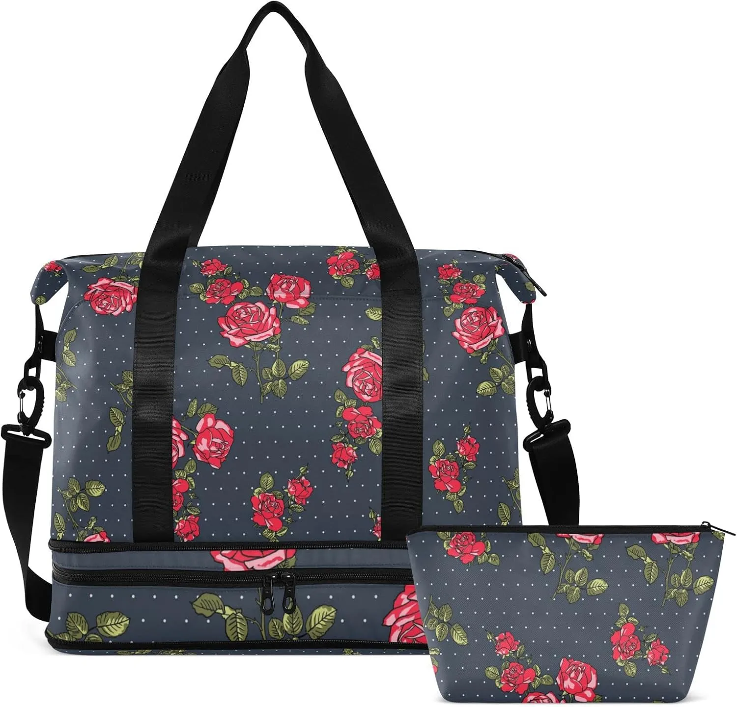 Seamless Red Rose Flowers with Green Leaves Dots on Dark Gym Duffel Bag, Polyester Travel Weekender Luggage Handbag with Waterproof Pocket for Wet Items, Unisex Foldable Tote for Sports