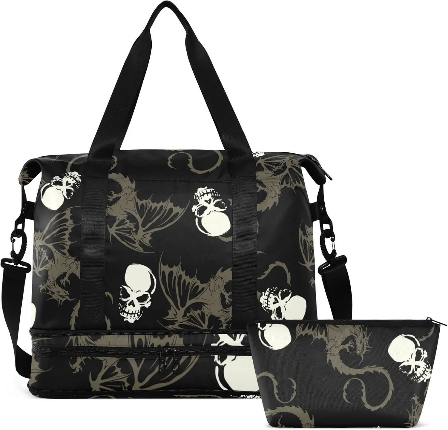 Seamless White Skull with Retro Wings Flying Dragon on Dark Black Gym Duffel Bag, Polyester Travel Weekender Luggage Handbag with Waterproof Pocket for Wet Items, Unisex Foldable Tote for Sports