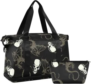 Seamless White Skull with Retro Wings Flying Dragon on Dark Black Gym Duffel Bag, Polyester Travel Weekender Luggage Handbag with Waterproof Pocket for Wet Items, Unisex Foldable Tote for Sports