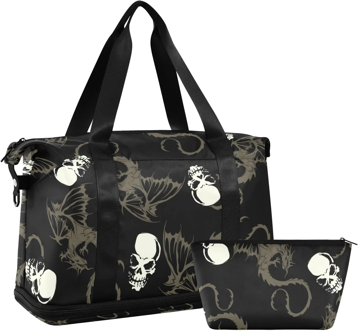 Seamless White Skull with Retro Wings Flying Dragon on Dark Black Gym Duffel Bag, Polyester Travel Weekender Luggage Handbag with Waterproof Pocket for Wet Items, Unisex Foldable Tote for Sports