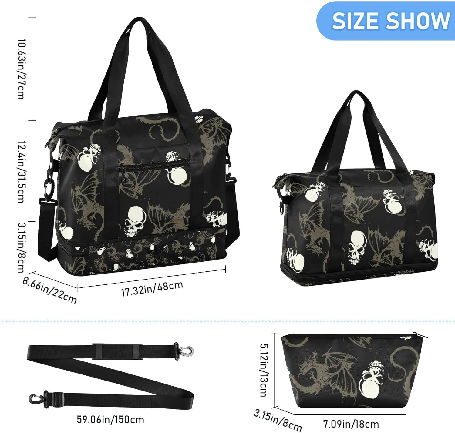 Seamless White Skull with Retro Wings Flying Dragon on Dark Black Gym Duffel Bag, Polyester Travel Weekender Luggage Handbag with Waterproof Pocket for Wet Items, Unisex Foldable Tote for Sports