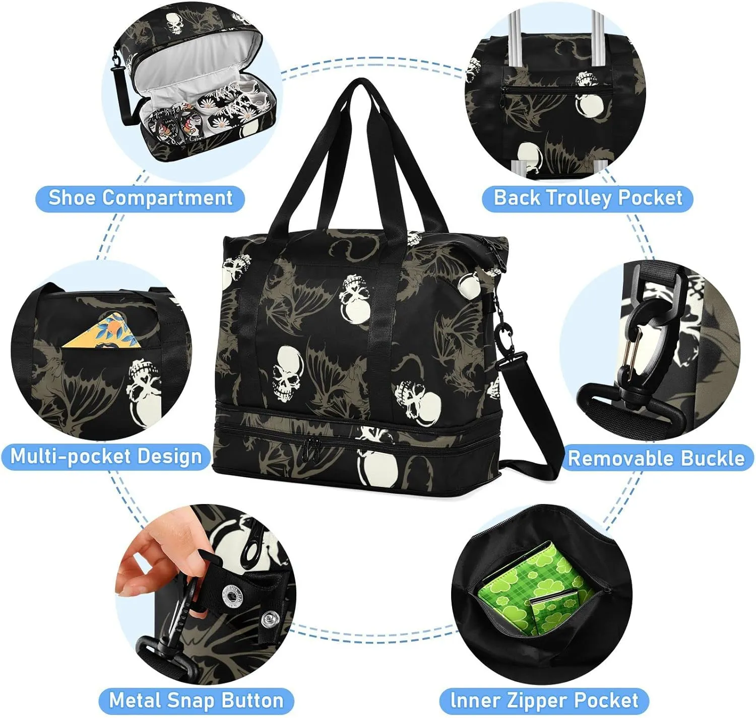 Seamless White Skull with Retro Wings Flying Dragon on Dark Black Gym Duffel Bag, Polyester Travel Weekender Luggage Handbag with Waterproof Pocket for Wet Items, Unisex Foldable Tote for Sports
