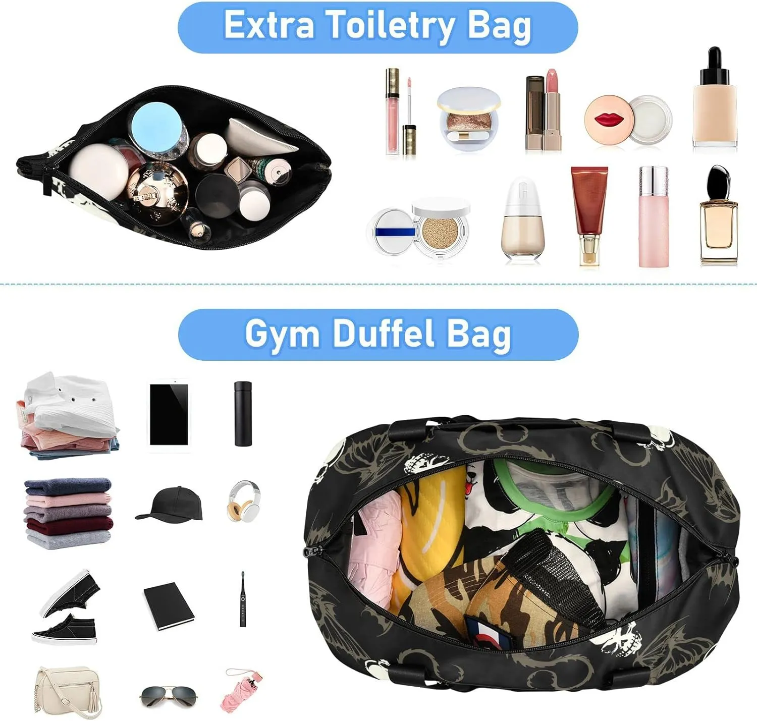 Seamless White Skull with Retro Wings Flying Dragon on Dark Black Gym Duffel Bag, Polyester Travel Weekender Luggage Handbag with Waterproof Pocket for Wet Items, Unisex Foldable Tote for Sports