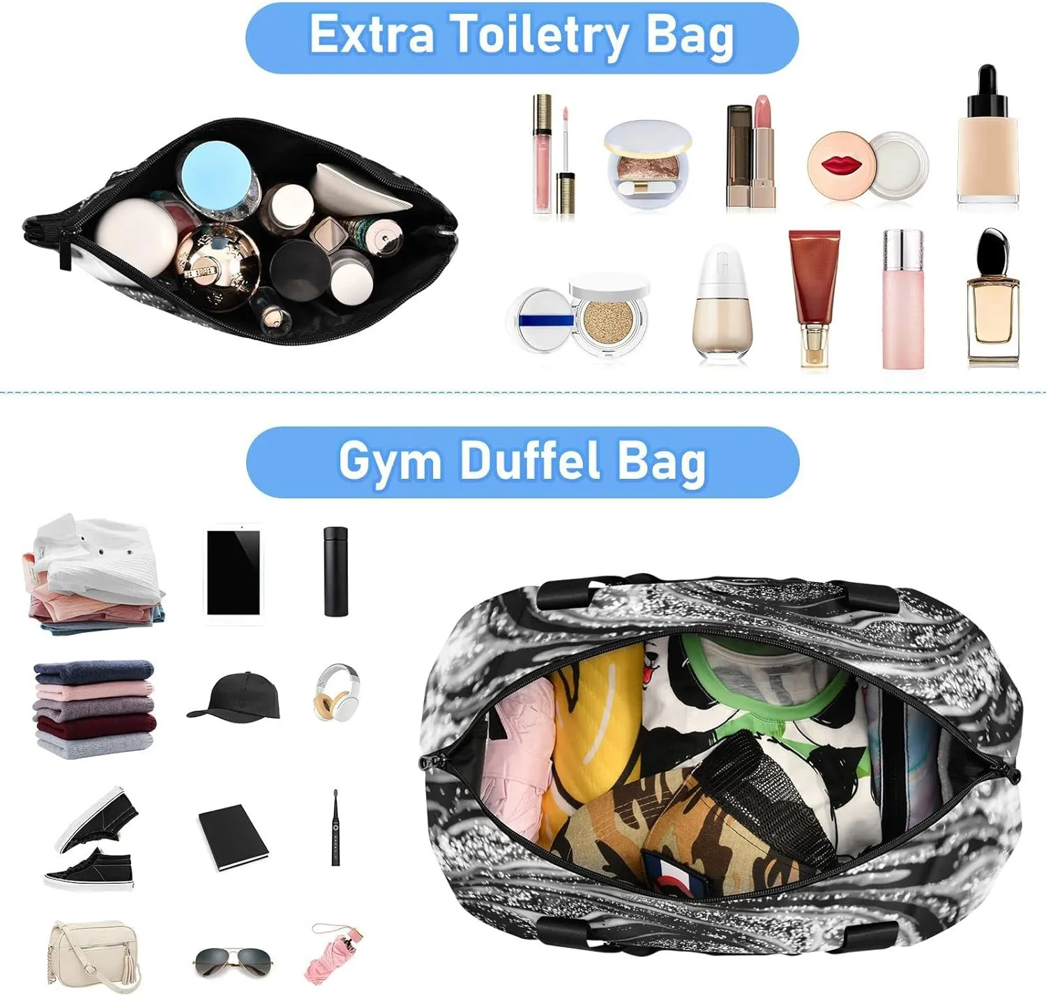 Silver White Swirls of Marble Agate Shiny Golden Dark Starry Night Gym Duffel Bag, Polyester Travel Weekender Luggage Handbag with Waterproof Pocket for Wet Items, Unisex Foldable Tote for Sports