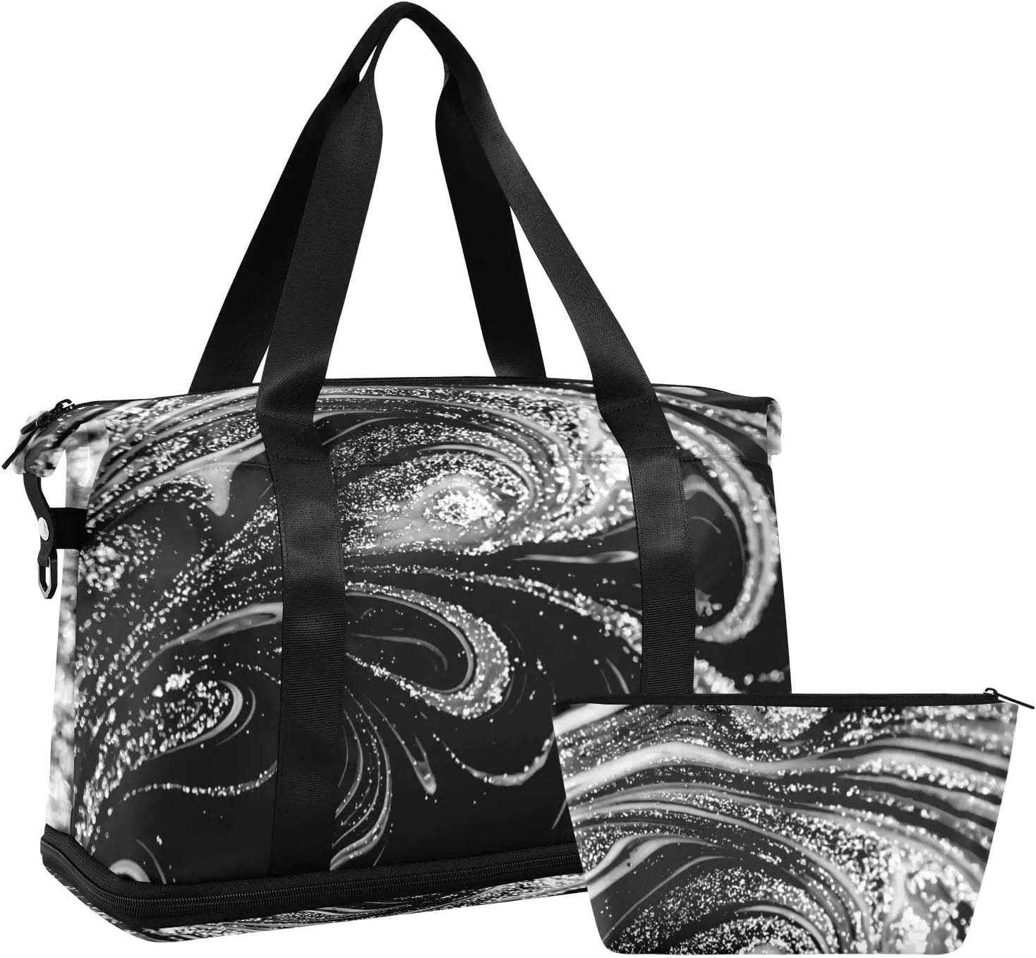 Silver White Swirls of Marble Agate Shiny Golden Dark Starry Night Gym Duffel Bag, Polyester Travel Weekender Luggage Handbag with Waterproof Pocket for Wet Items, Unisex Foldable Tote for Sports