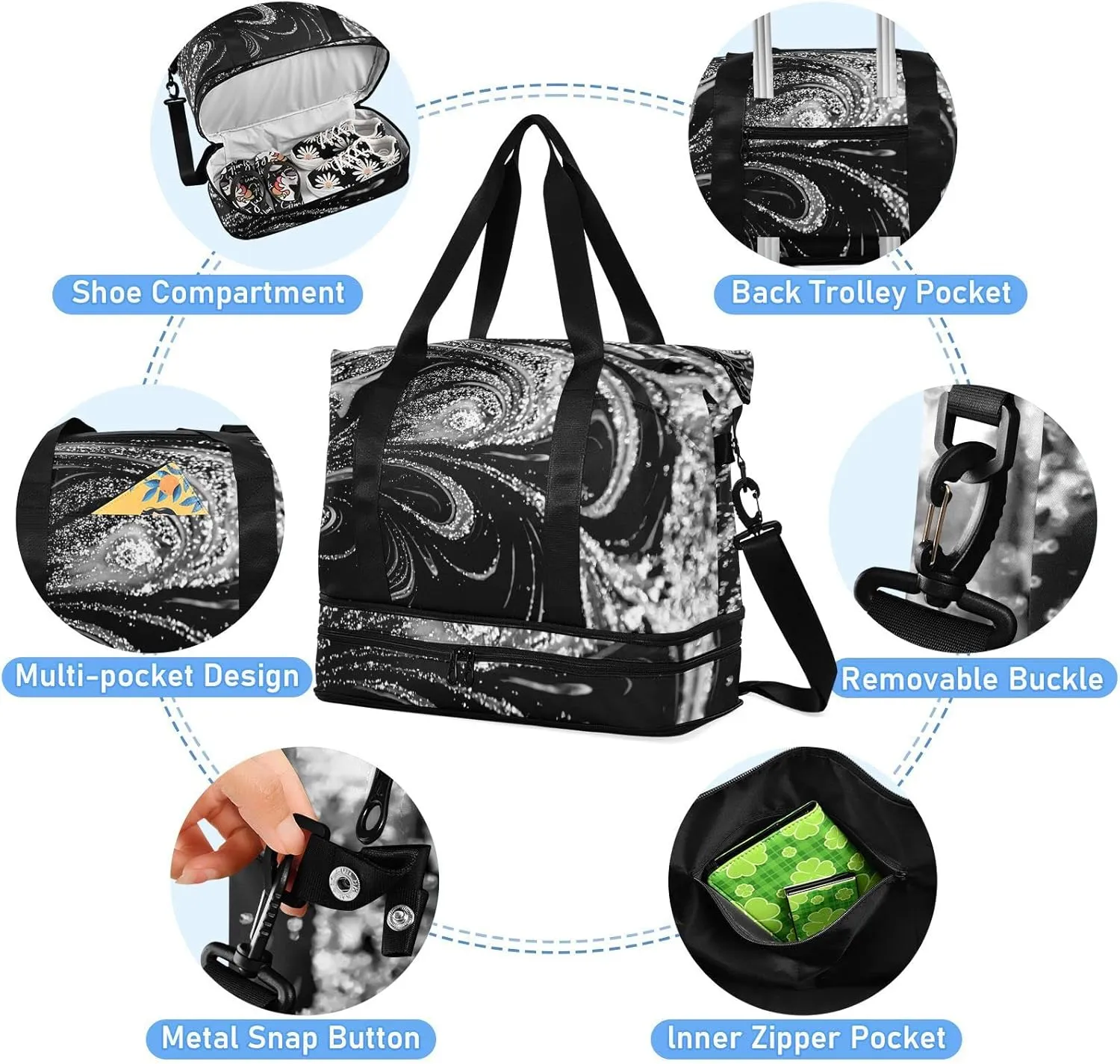 Silver White Swirls of Marble Agate Shiny Golden Dark Starry Night Gym Duffel Bag, Polyester Travel Weekender Luggage Handbag with Waterproof Pocket for Wet Items, Unisex Foldable Tote for Sports