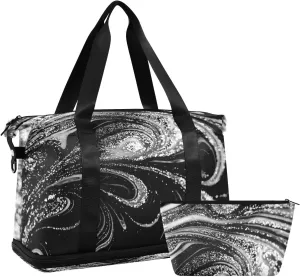 Silver White Swirls of Marble Agate Shiny Golden Dark Starry Night Gym Duffel Bag, Polyester Travel Weekender Luggage Handbag with Waterproof Pocket for Wet Items, Unisex Foldable Tote for Sports