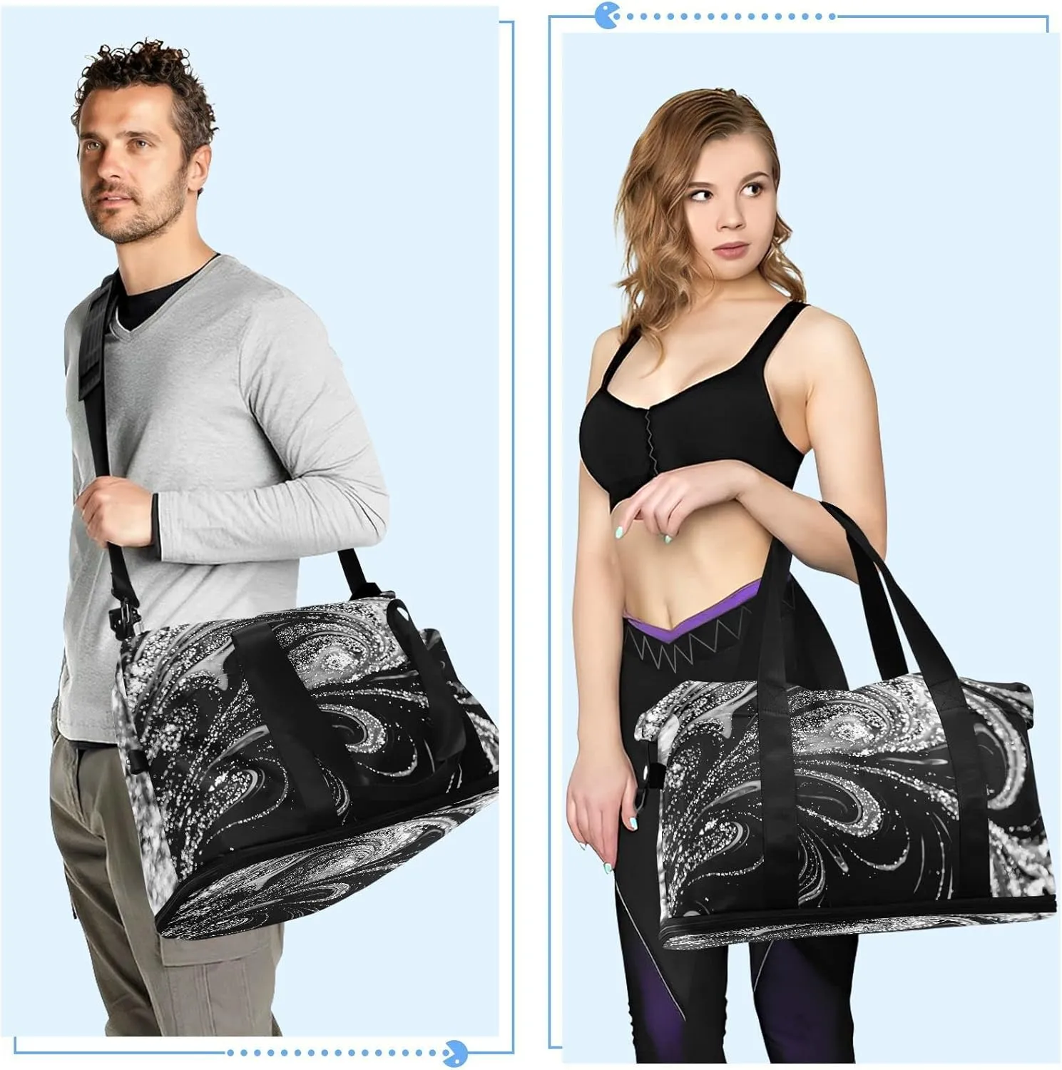 Silver White Swirls of Marble Agate Shiny Golden Dark Starry Night Gym Duffel Bag, Polyester Travel Weekender Luggage Handbag with Waterproof Pocket for Wet Items, Unisex Foldable Tote for Sports