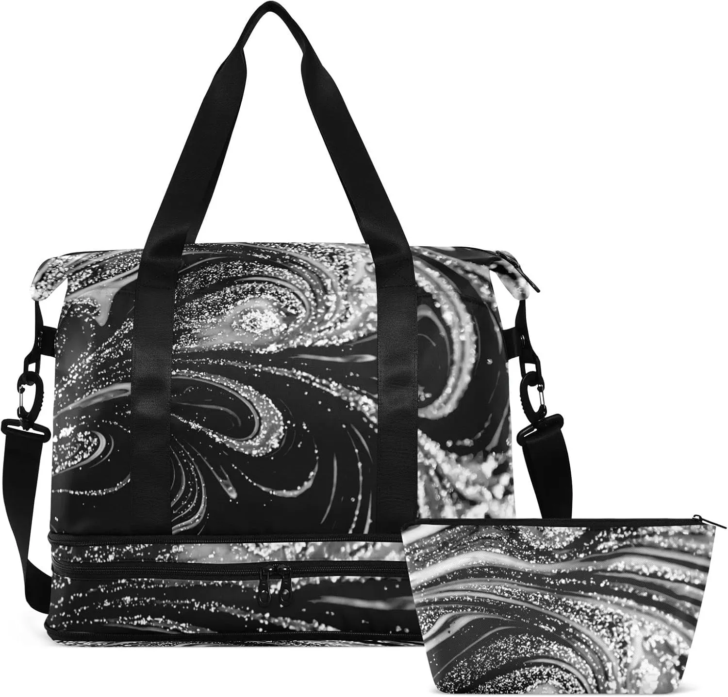 Silver White Swirls of Marble Agate Shiny Golden Dark Starry Night Gym Duffel Bag, Polyester Travel Weekender Luggage Handbag with Waterproof Pocket for Wet Items, Unisex Foldable Tote for Sports