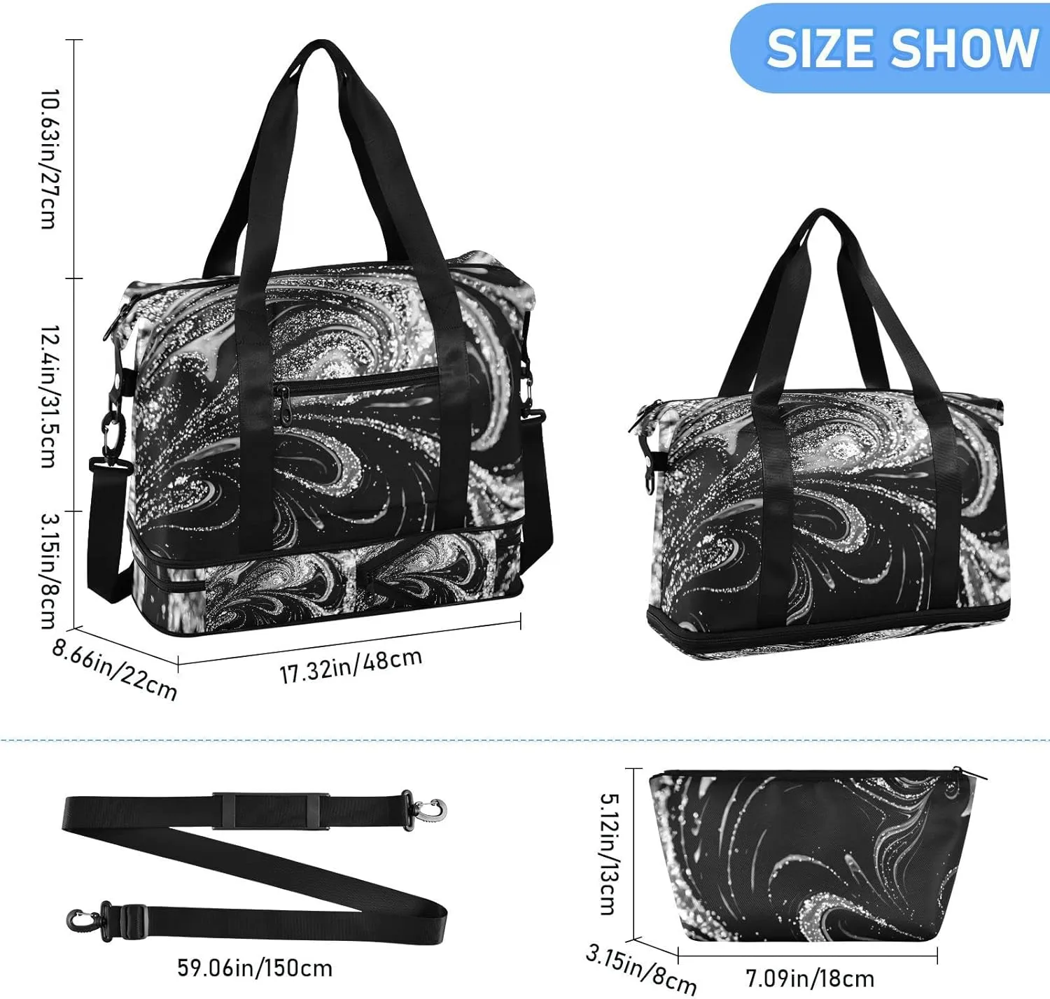 Silver White Swirls of Marble Agate Shiny Golden Dark Starry Night Gym Duffel Bag, Polyester Travel Weekender Luggage Handbag with Waterproof Pocket for Wet Items, Unisex Foldable Tote for Sports