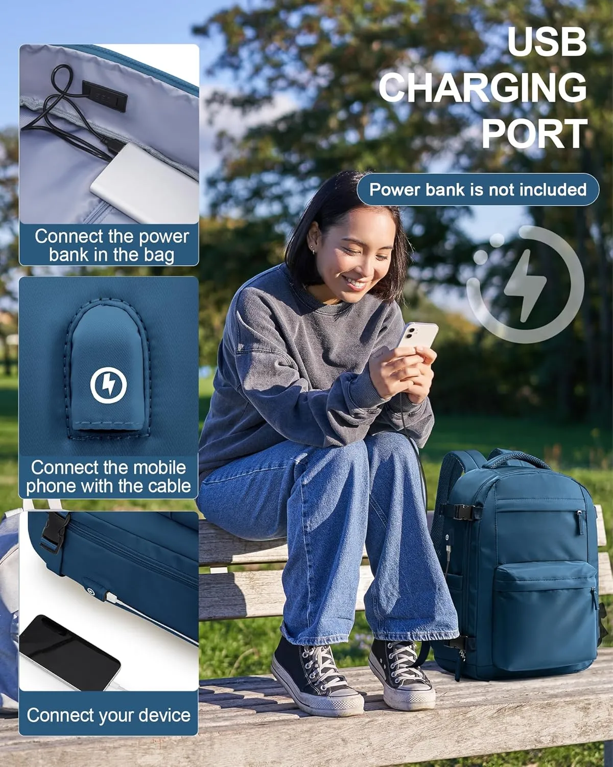 Simple Travel Backpack For Women Men,Carry on Backpack for Traveling on Airplane,Mochila de Viaje,Frontier Airlines Personal Item Travel Bag,Waterproof Luggage Backpack with USB Charging Port(Blue)
