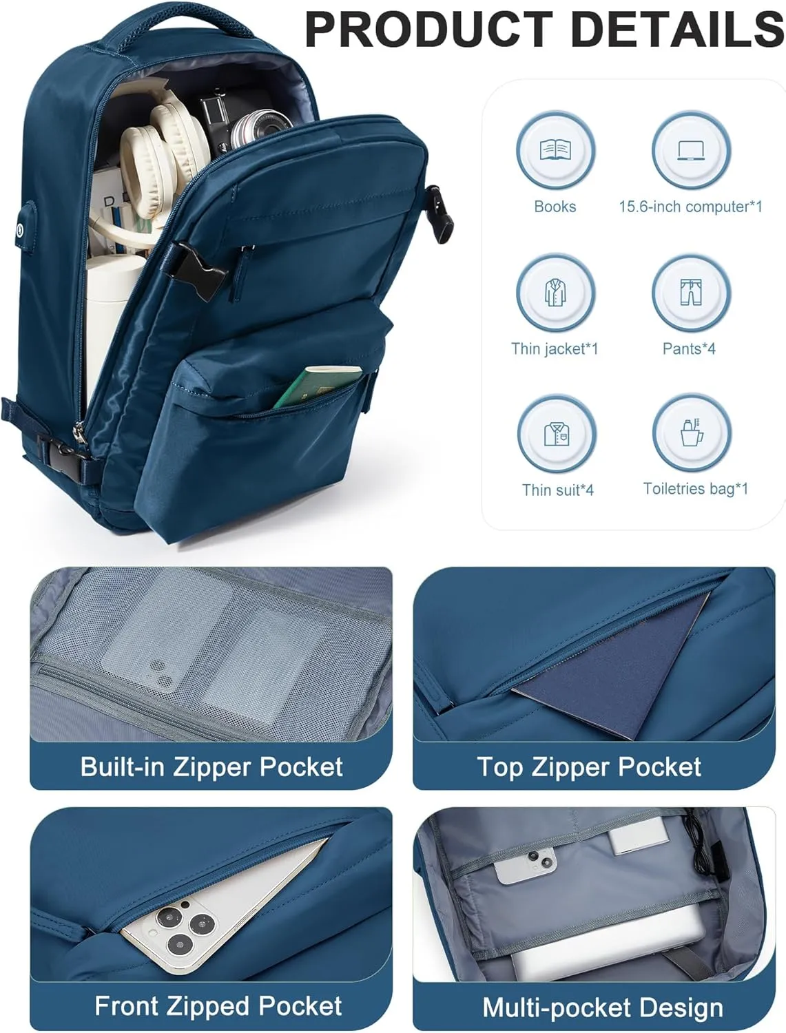 Simple Travel Backpack For Women Men,Carry on Backpack for Traveling on Airplane,Mochila de Viaje,Frontier Airlines Personal Item Travel Bag,Waterproof Luggage Backpack with USB Charging Port(Blue)