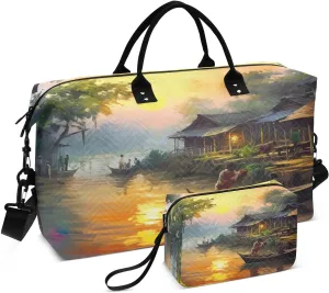 Sinestour Sunset Old Village River Travel Duffel Bag for Men Women with Makeup Bag Weekend Overnight Carry On Bags for Traveling Gym Workout