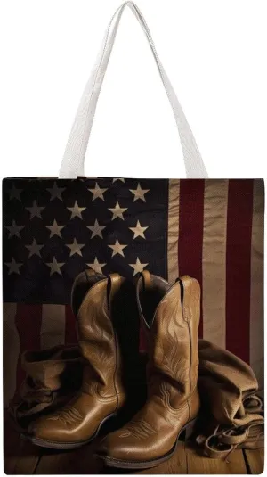 Single Canvas Shopping Bag,American Flag with Cowboy Boots Print Cotton Tote Bag,practical Large Capacity Tote Bag,ladies Tote Bag